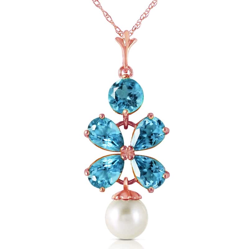 14K Solid Rose Gold Necklace with Blue Topaz & pearl