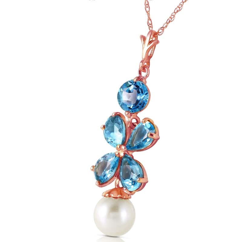 14K Solid Rose Gold Necklace with Blue Topaz & pearl