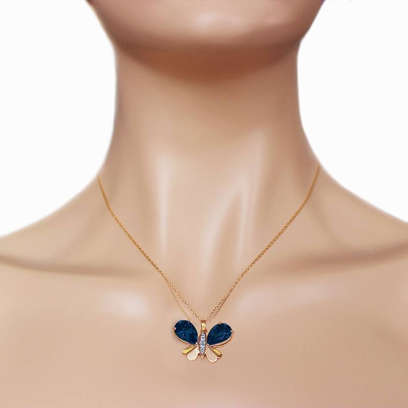 14K Solid Rose Gold Batterfly Necklace with Natural Diamonds & Sapphires