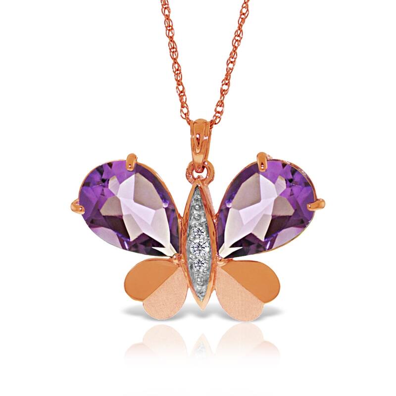 14K Solid Rose Gold Batterfly Necklace with Natural Diamonds & Amethysts