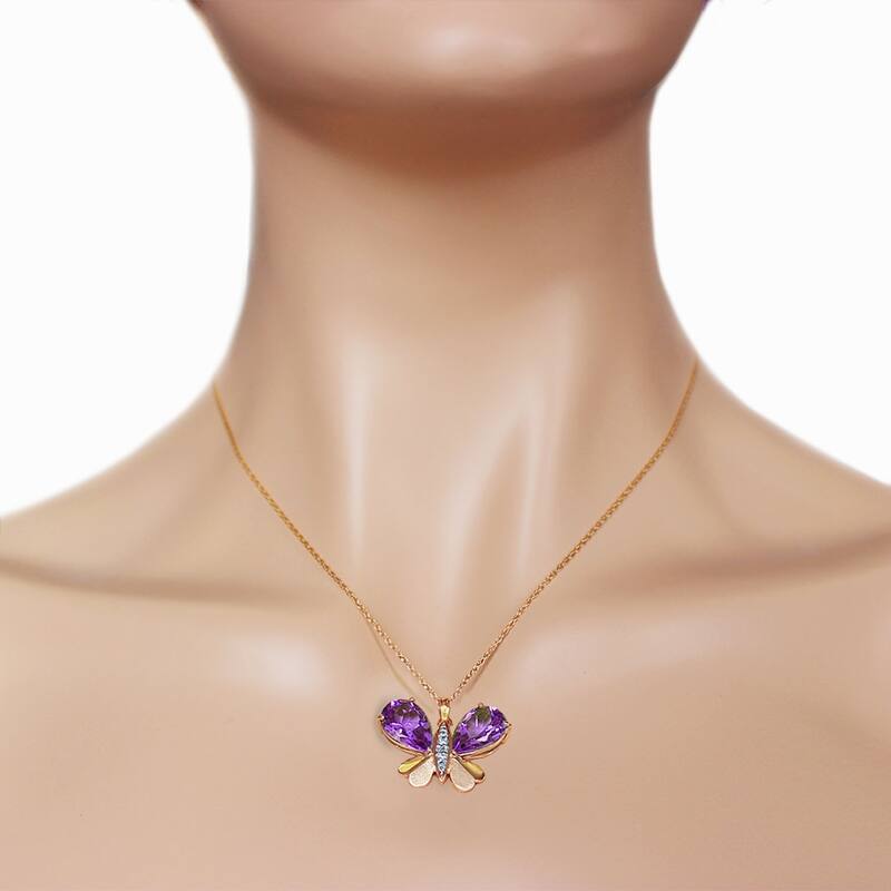 14K Solid Rose Gold Batterfly Necklace with Natural Diamonds & Amethysts