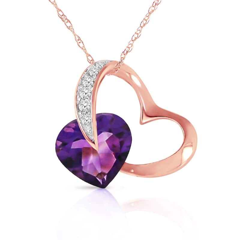 14K Solid Rose Gold Heart Necklace with Natural Diamond & Amethyst