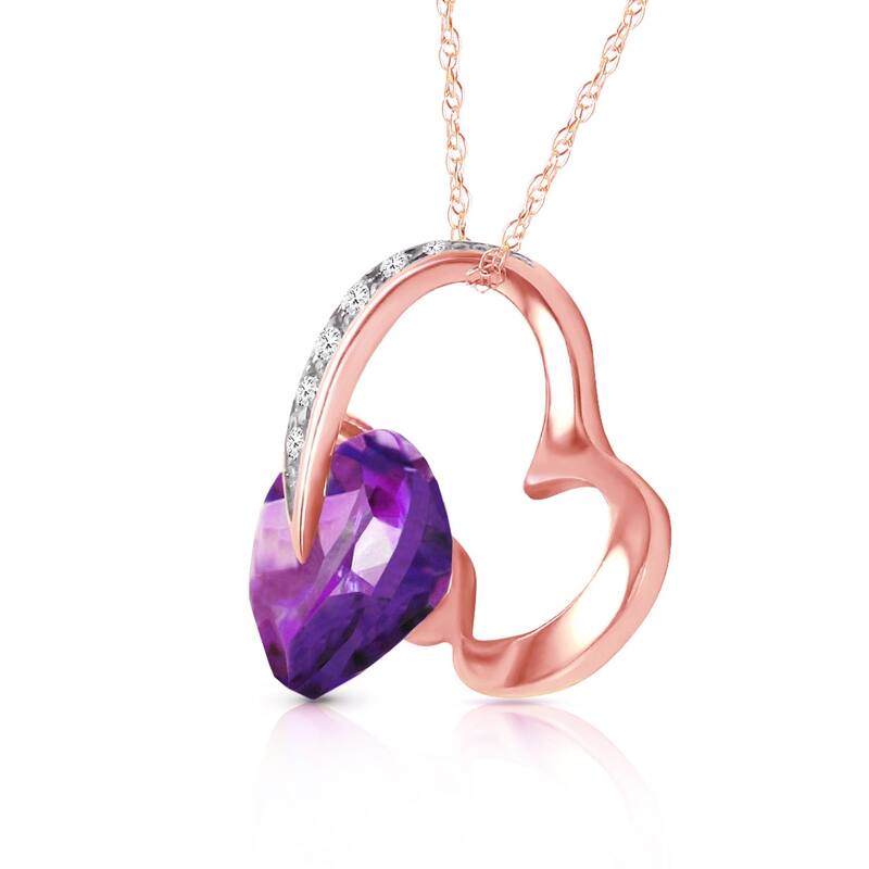 14K Solid Rose Gold Heart Necklace with Natural Diamond & Amethyst