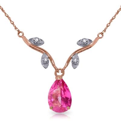 14K Solid Rose Gold Necklace withNatural Diamond & Pink Topaz