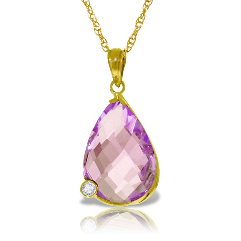 14K Solid Gold Necklace with Briolette Checkerboard Cut Amethyst & Diamond