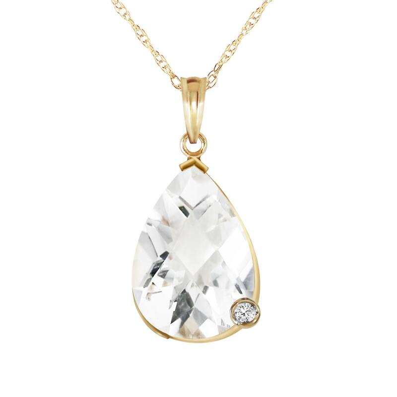 14K Solid Gold Necklace with Briolette Checkerboard Cut White Topaz & Diamond