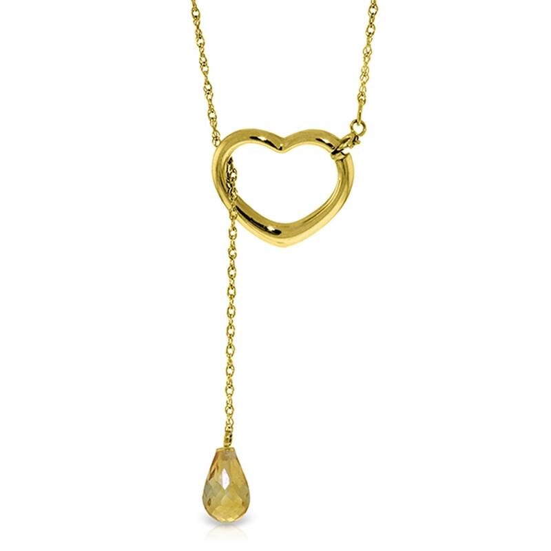 14K Solid Gold Heart Necklace with Drop Briolette Natural Citrine