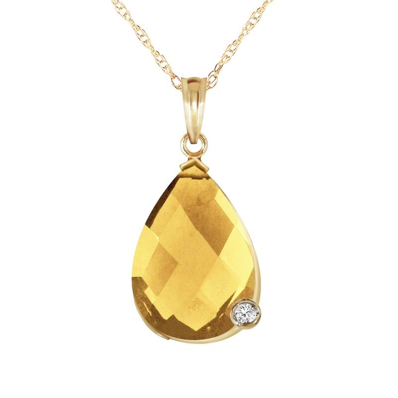 14K Solid Gold Necklace withBriolette Checkerboard Cut Citrine & Diamond