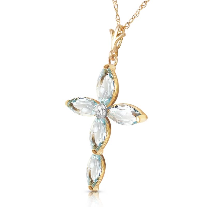 14K Solid Gold Necklace with Natural Diamond & Aquamarines