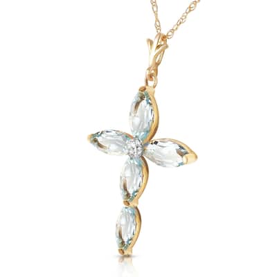 14K Solid Gold Necklace with Natural Diamond & Aquamarines