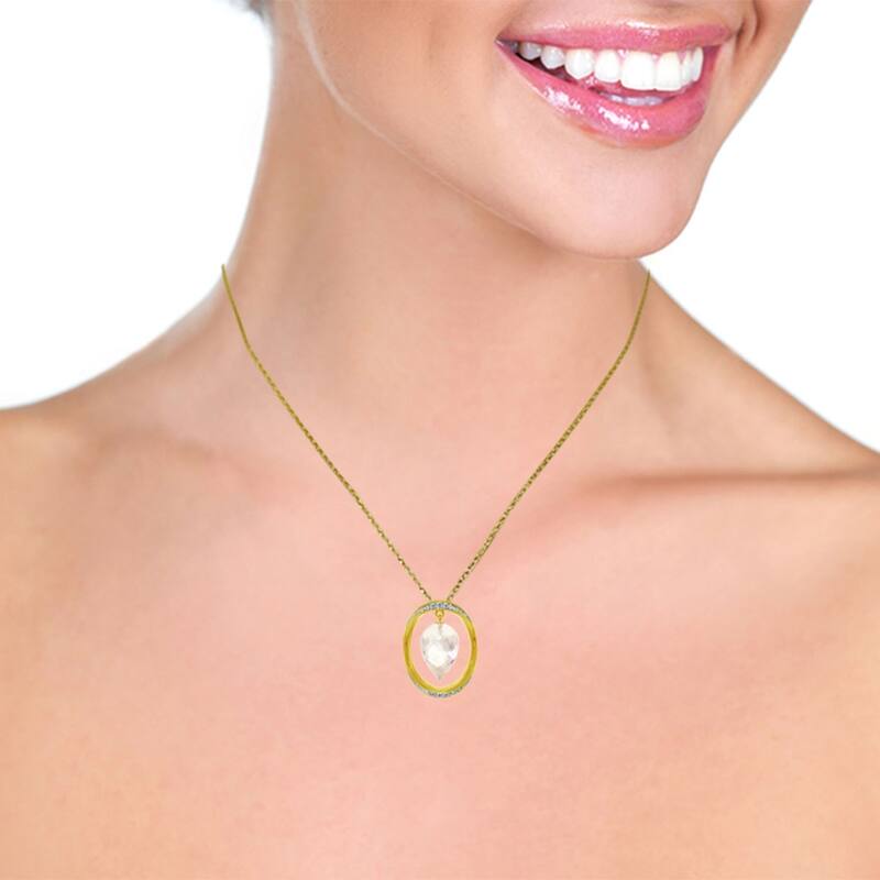 14K Solid Gold Necklace with Diamonds & Briolette Pointy Drop White Topaz