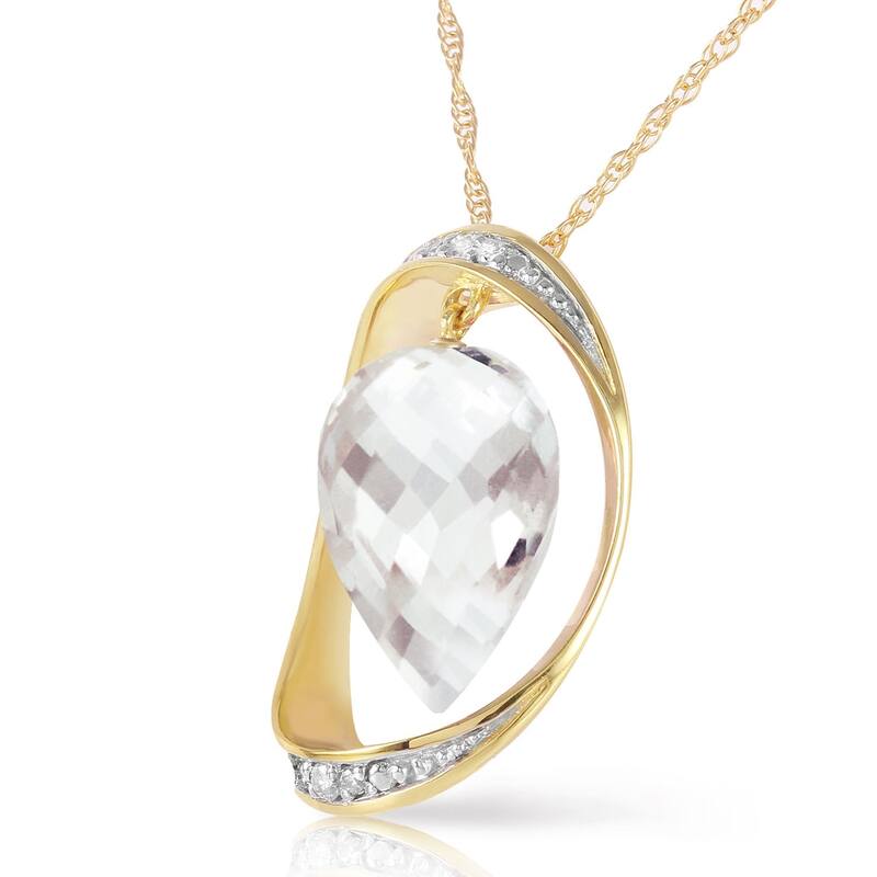 14K Solid Gold Necklace with Diamonds & Briolette Pointy Drop White Topaz