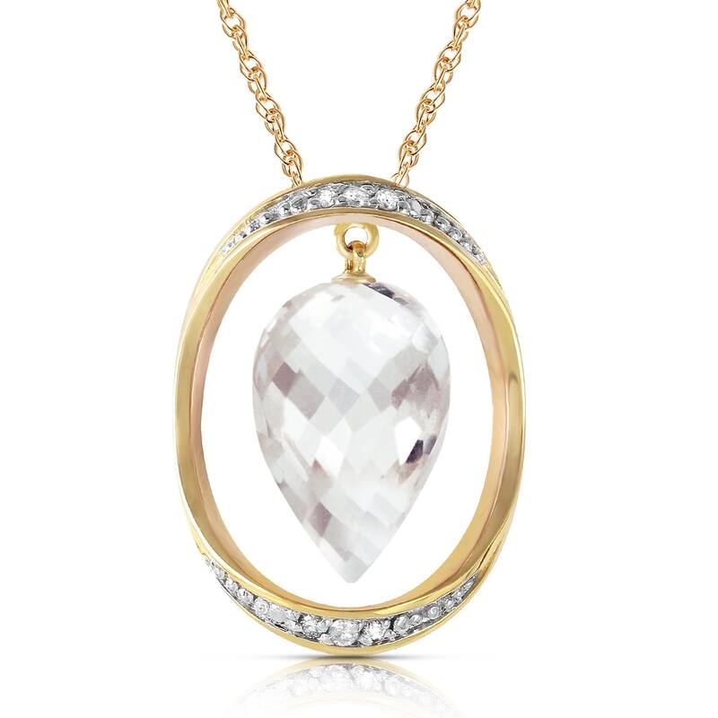 14K Solid Gold Necklace with Diamonds & Briolette Pointy Drop White Topaz