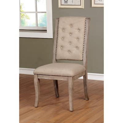 Beige Upholstered Brown Wooden Side Chair with Button-tufted Back (Set of 2)