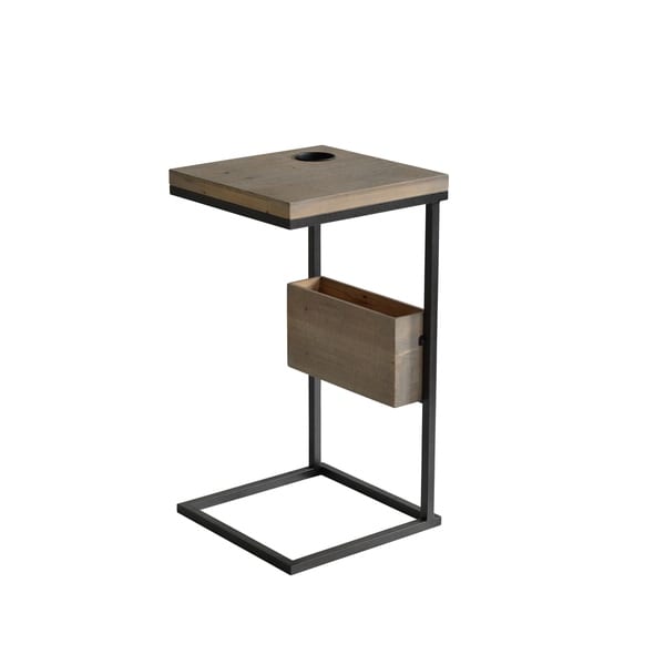 Contemporary Metal and Brown Wood Chairside Table with Magazine Rack