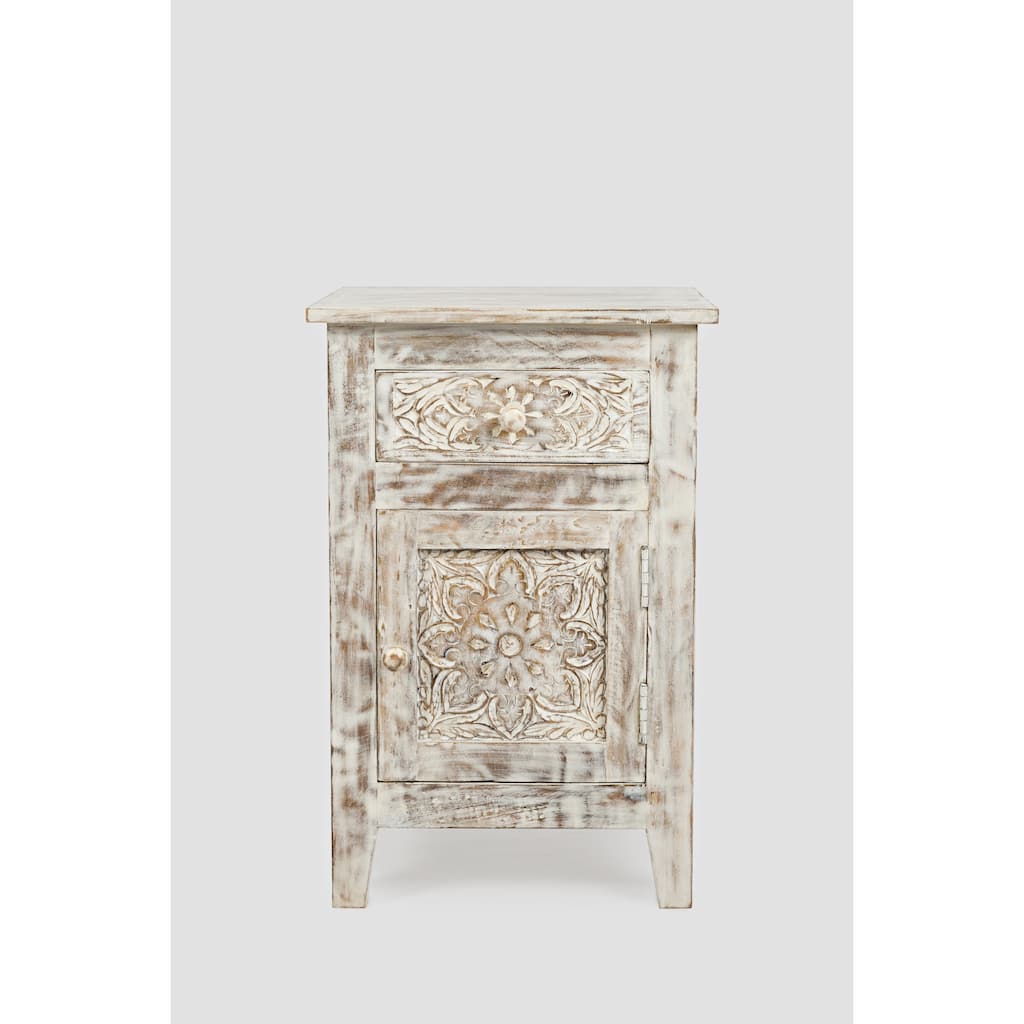 Hand Carved Accent Table In Washed White Finish