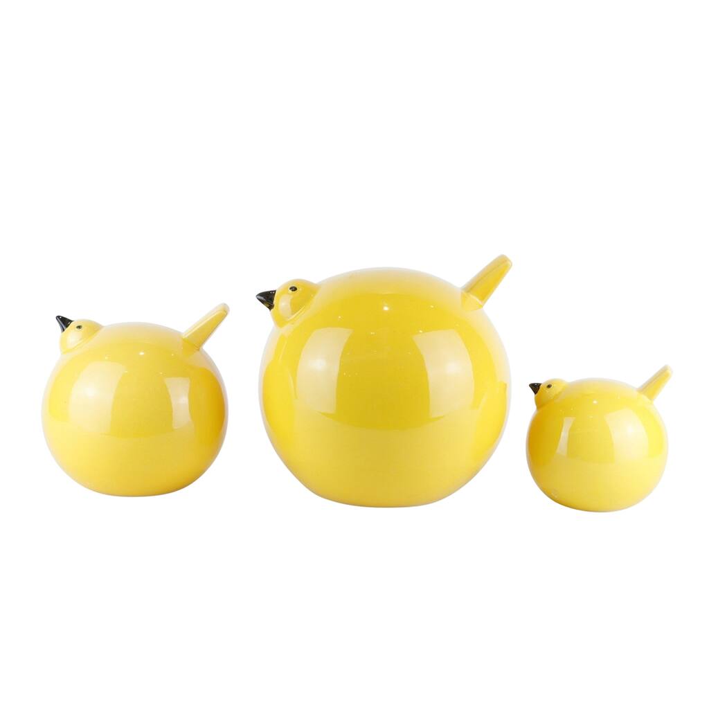Modern Ball Shaped Bird Figurine in Ceramic, Set of Three, Yellow