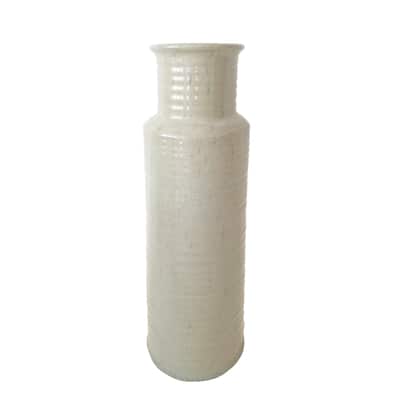 Ceramic Ribbed Cylindrical Vase with Round Base and Curved Mouth Rim, Small, White