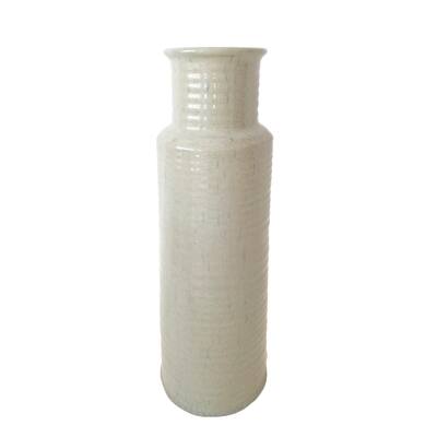 Ceramic Ribbed Cylindrical Vase with Round Base and Curved Mouth Rim, Small, White