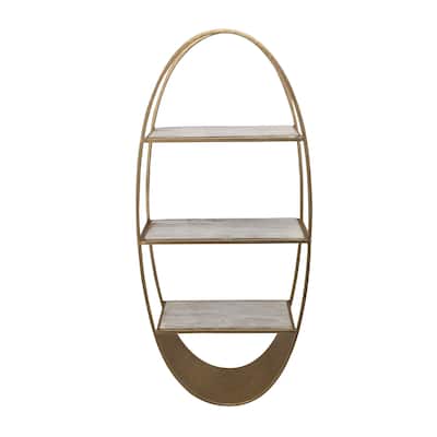Oval Shape Three Tiered Metal and Wood Wall Shelf with Spacious Display, Brown and Gold