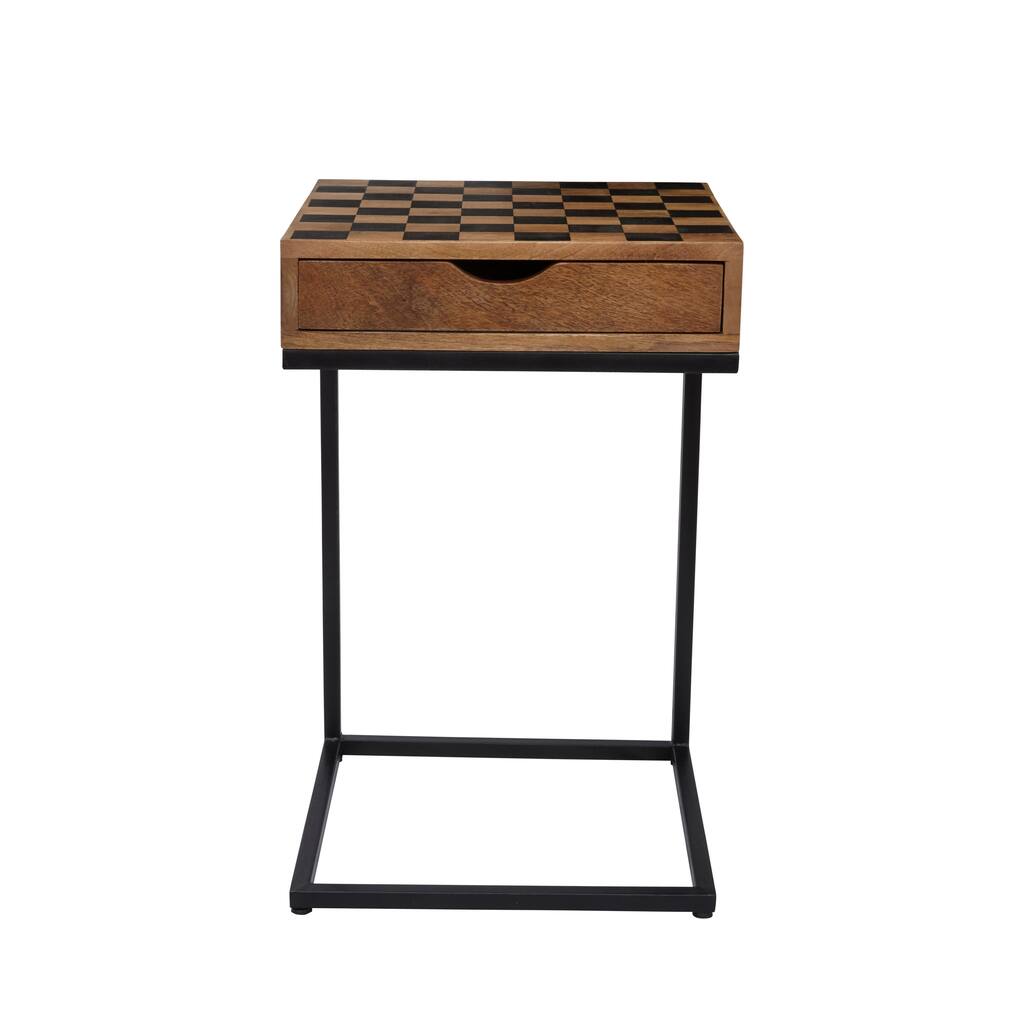 Brown Wood And Black Metal Checkerboard C-table