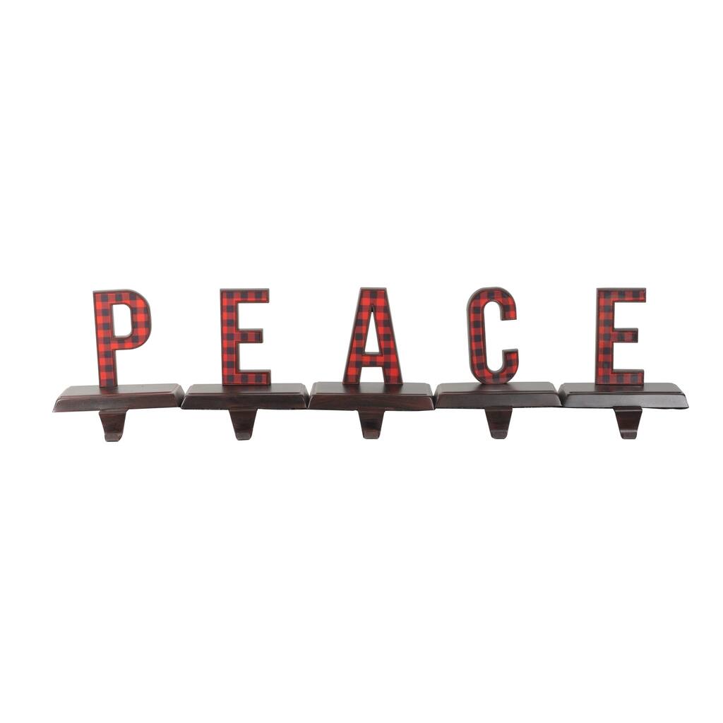 5 Piece Set Red and Black Buffalo Plaid "PEACE" Christmas Stocking Holder 6"