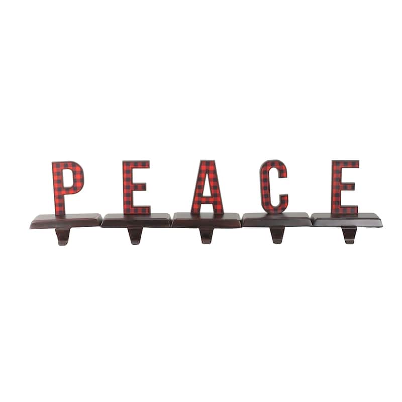 5 Piece Set Red and Black Buffalo Plaid "PEACE" Christmas Stocking Holder 6"
