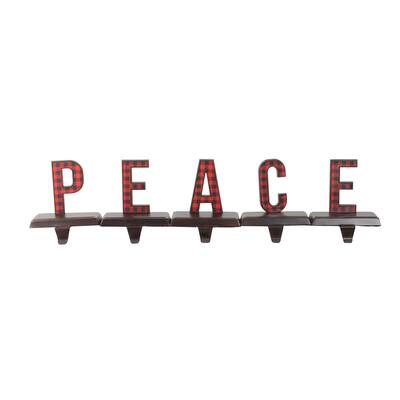 5 Piece Set Red and Black Buffalo Plaid "PEACE" Christmas Stocking Holder 6"