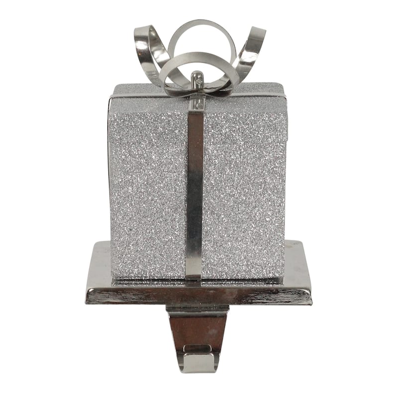 6" Silver Glittered Gift Box Shaped Christmas Stocking Holder