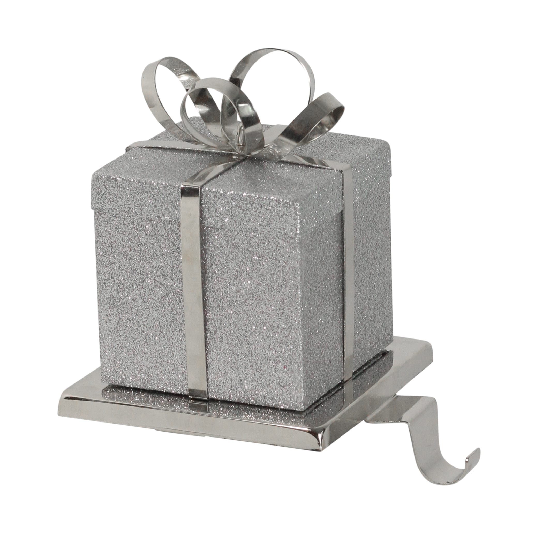 6" Silver Glittered Gift Box Shaped Christmas Stocking Holder