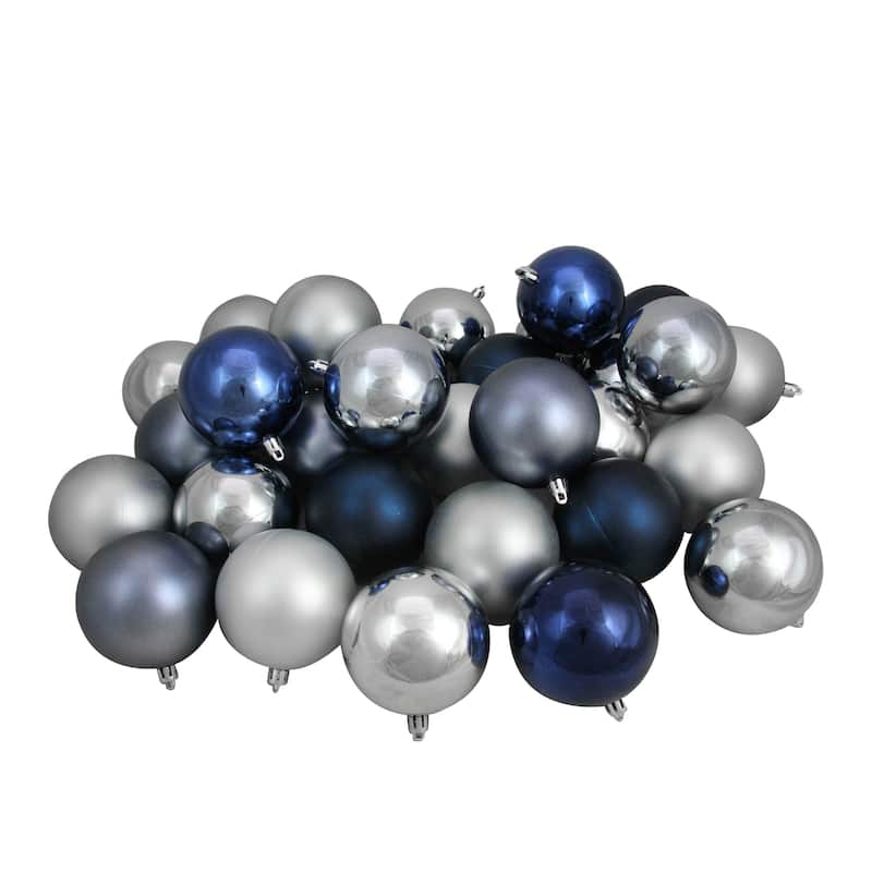 32ct Blue/Denim/Silver/Pewter Gray Shatterproof Christmas Ball Ornaments 3.25"