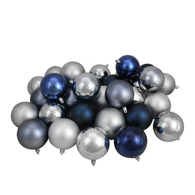 32ct Blue/Denim/Silver/Pewter Gray Shatterproof Christmas Ball Ornaments 3.25"