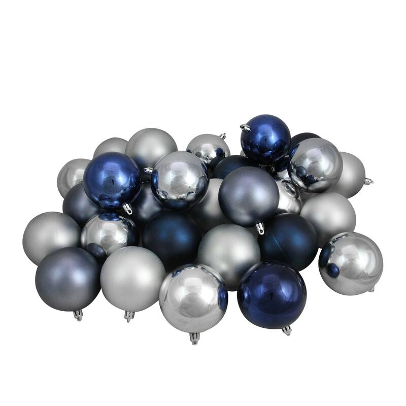 32ct Blue/Denim/Silver/Pewter Gray Shatterproof Christmas Ball Ornaments 3.25"