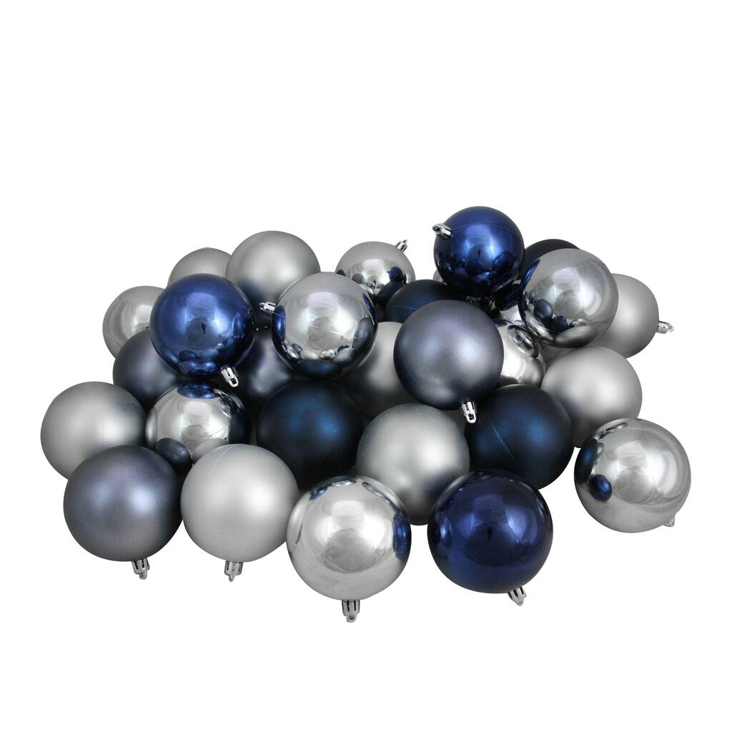 32ct Blue/Denim/Silver/Pewter Gray Shatterproof Christmas Ball Ornaments 3.25"