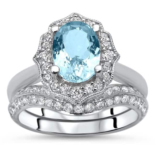 14K white gold aquamarine diamond ring .5 CT engagement wedding antique dainty 