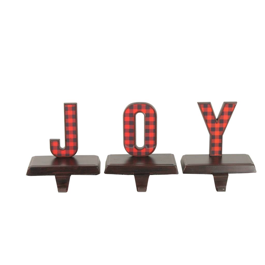 Set of 3 Red and Black Buffalo Plaid "JOY" Christmas Stocking Holder 6". - 6"