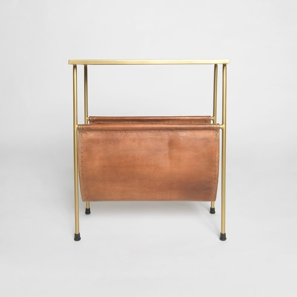 Aurora Home Orissa Brass Finish Side Table & Leather Magazine
