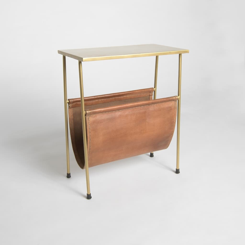 Aurora Home Orissa Brass Finish Side Table & Leather Magazine Holder - 18"W x 10"D x 22"H