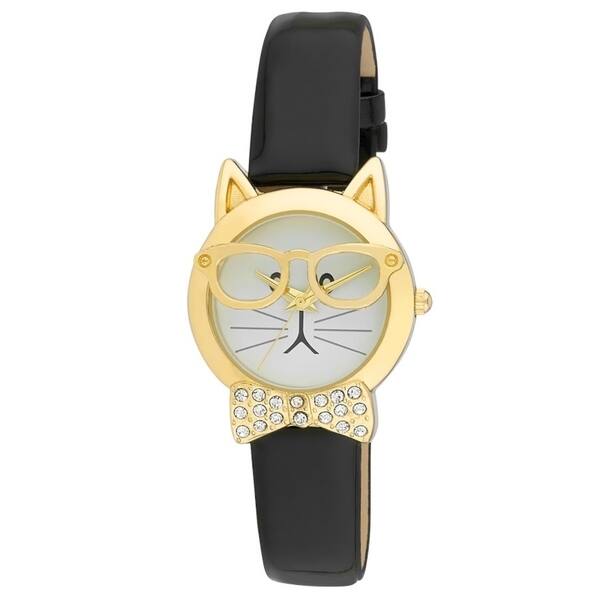Vernier Women's Cat with Glasses Crystal Bow Tie Gold Watch Gold, Silver, Rosegold