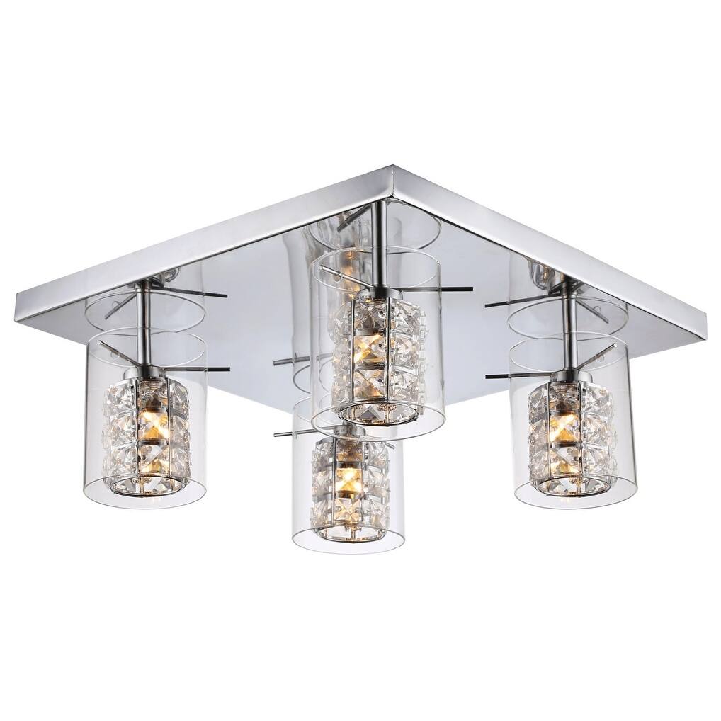 Chrome Iron Flush Mount With Clear Crystal And Glass Shades