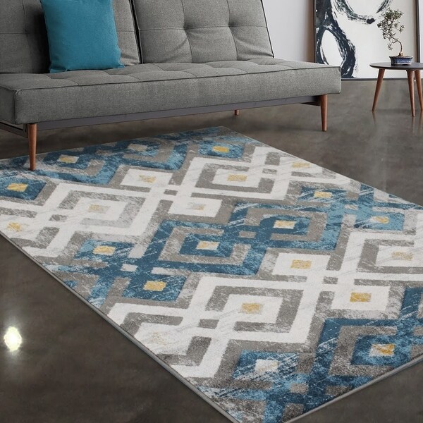 Allstar Rugs Grey and Blue Modern Diamond Hand Carved Rectangular Area Rug with Yellow Design - 7' 5" x 9' 8"