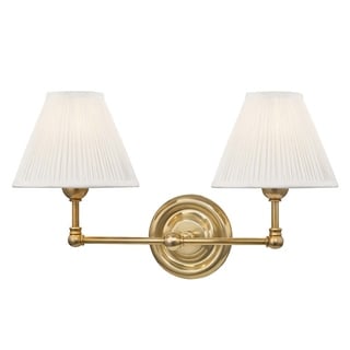 Hudson Valley Classic No.1 by Mark D. Sikes 2-light Aged Brass Wall Sconce, Off-White Silk Shade