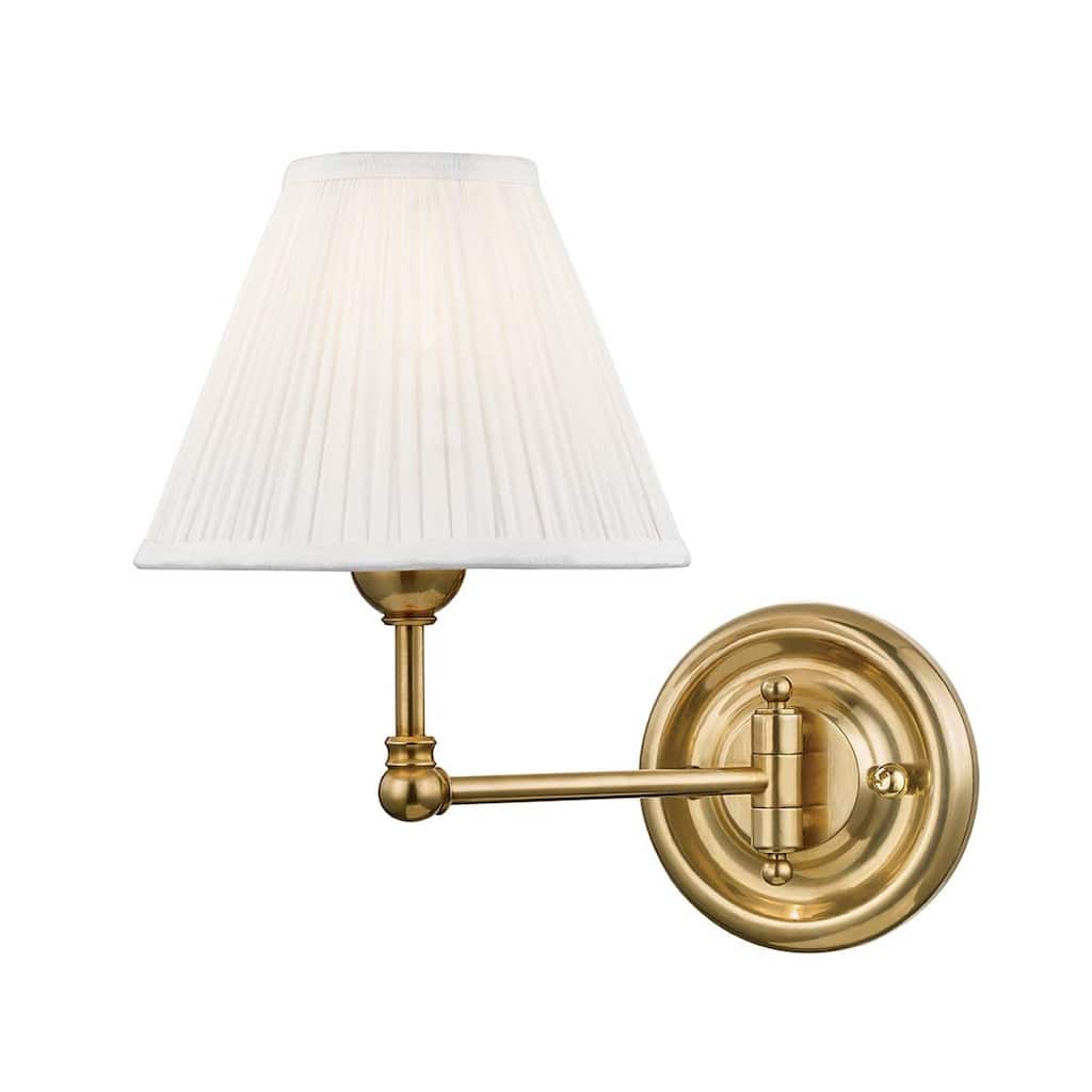 Hudson Valley Classic No.1 by Mark D. Sikes 1-light Aged Brass 7.5-inch Swing-Arm Wall Sconce, Off-White Silk Shade