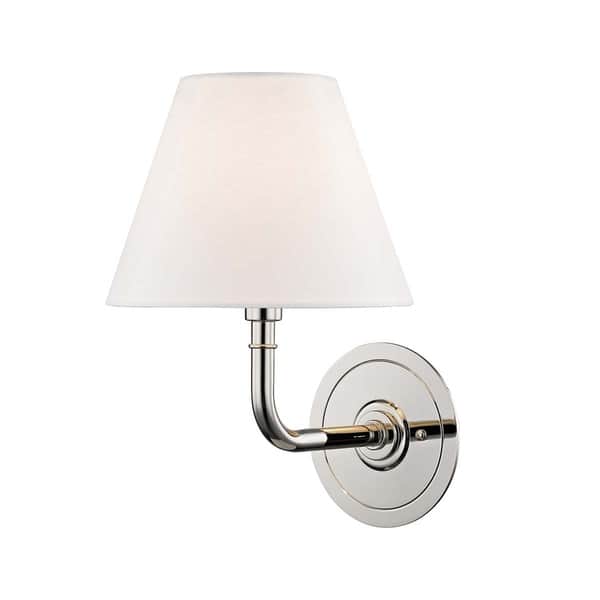 slide 1 of 1, Hudson Valley Signature No.1 by Mark D. Sikes 1-light Polished Nickel Wall Sconce, Off-White Linen Shade