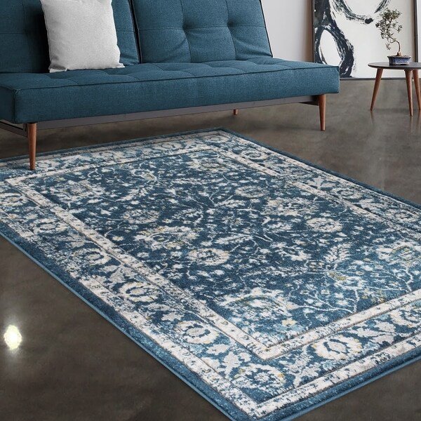 Allstar Rugs Blue and Grey Persian Hand Carved Rectangular Area Rug with Ivory Design - 7' 5" x 9' 8"