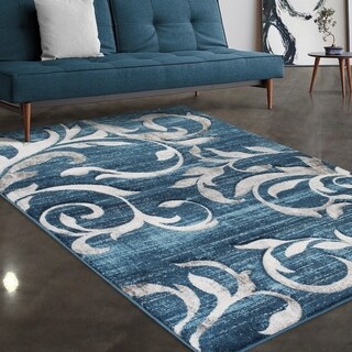 Allstar Rugs Blue and Sky Blue Modern Floral Scroll Hand Carved ...