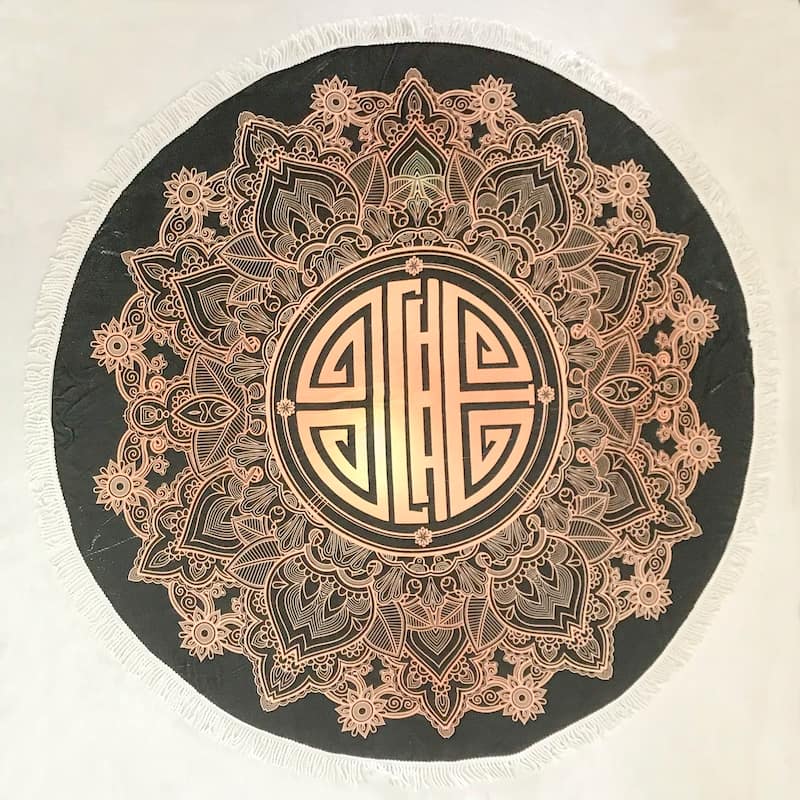 61" Black & Gold Asian Medallion Round Beach Towel With Cotton Fringes