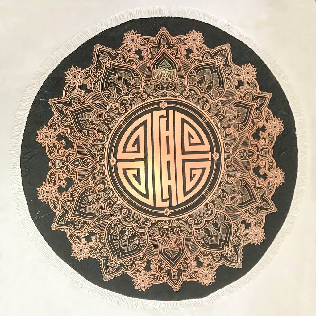 61" Black & Gold Asian Medallion Round Beach Towel With Cotton Fringes