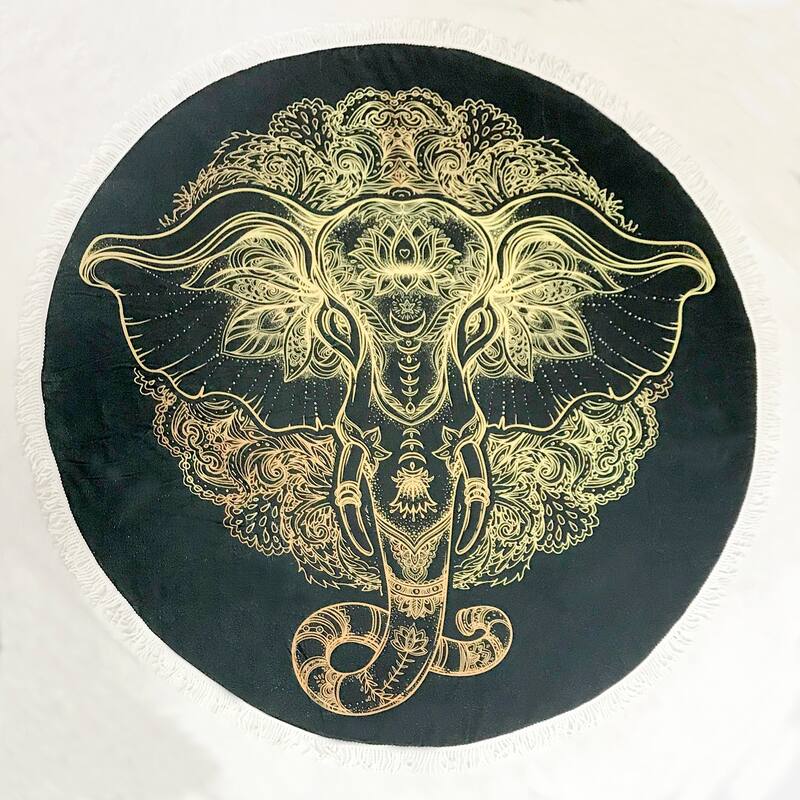 Black & Gold Elephant Head Round Towel With Fringes - Black