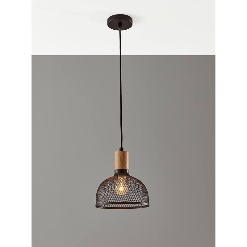 Carbon Loft Wiig Matte Black and Natural Rubber Wood Pendant Ceiling Light Small 10-inch